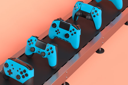 Set of gamer joysticks or gamepads on factory line on orange background. 3d render concept of sale,...