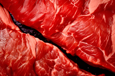 Macro closeup view of a red piece of veal meat on table. Slices of beef steak with a red streaked texture. Flat lay top view on gray stone cutting tableの素材