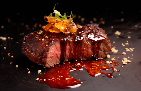 Closeup view of Beef Rib Eye steak on plate. Slices of juicy beef steak or angus steak.の素材