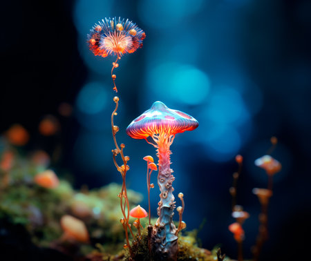 Different types of glowing mystical mushrooms, fantasy mushroom forest with bokeh. Nano macro world with mosses, lichens and flowersの素材
