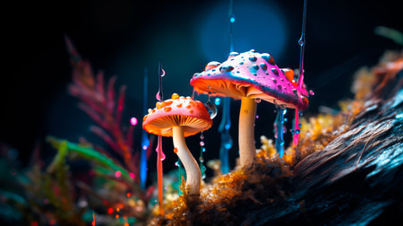 Different types of glowing mystical mushrooms, fantasy mushroom forest with bokeh. Nano macro world with mosses, lichens and flowersの素材