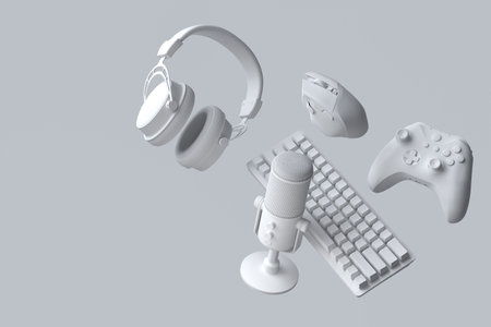 Top view gamer gears like mouse, keyboard, joystick, headphones and microphone on monochrome...