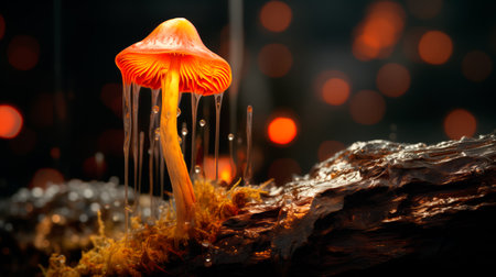 Different types of glowing mystical mushrooms, fantasy mushroom forest with bokeh. Nano macro world with mosses, lichens and flowersの素材