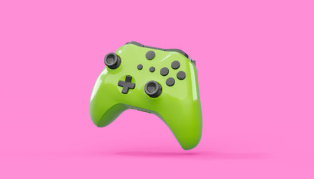 Realistic blue azure video game joysticks or gamepads on pink background. 3D rendering of streaming gear for cloud gaming and gamer workspace conceptの写真素材