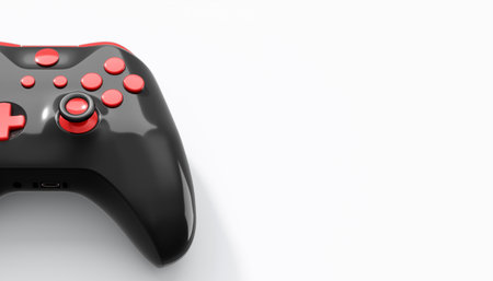 Realistic black video game joystick or gamepad with color buttons on white background. 3D rendering of streaming gear for cloud gaming and gamer workspace conceptの写真素材