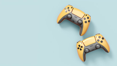 Realistic yellow video game joysticks or gamepads on grey background. 3D rendering of streaming gear for cloud gaming and gamer workspace conceptの写真素材
