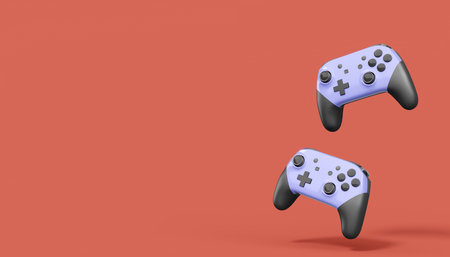 Realistic grey video game joysticks or gamepads on red background. 3D rendering of streaming gear for cloud gaming and gamer workspace conceptの写真素材