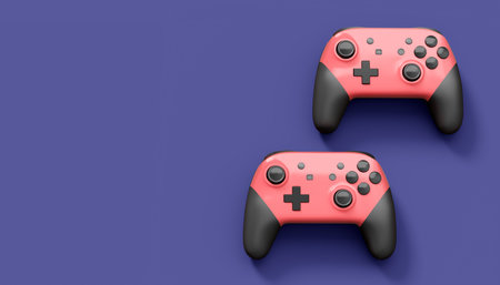 Realistic pink video game joysticks or gamepads on violet background. 3D rendering of streaming gear for cloud gaming and gamer workspace conceptの写真素材