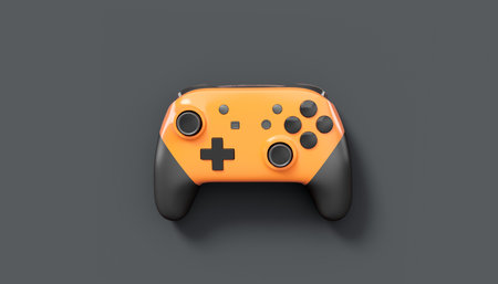 Realistic orange video game joysticks or gamepads on black background. 3D rendering of streaming...