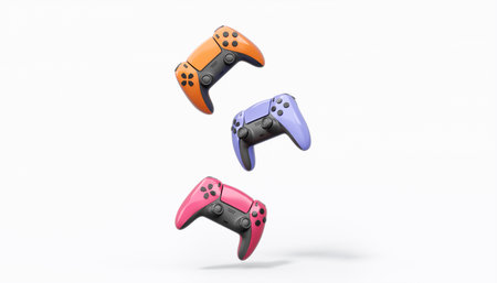 Realistic colorful video game joysticks or gamepads with color buttons on white background. 3D rendering of streaming gear for cloud gaming and gamer workspace conceptの写真素材