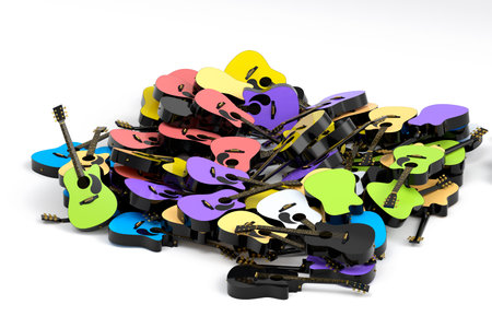 Heap of flying acoustic guitars isolated on white background. 3d render of concept for rock festival poster with spanish guitar for music shopの写真素材