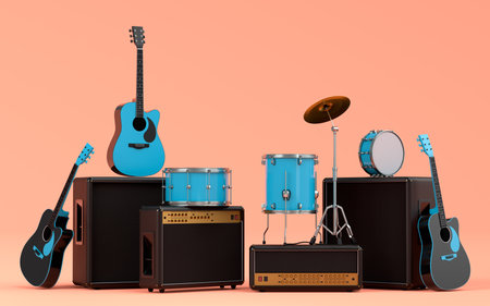 Set of electric acoustic guitars, amplifiers and drums with metal cymbals on orange background. 3d render of musical percussion instrument, drum machine and drumset with heavy metal guitarの写真素材