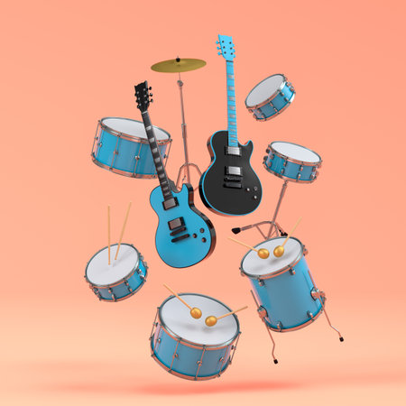 Set of electric acoustic guitars and drums with metal cymbals on purple background. 3d render of musical percussion instrument, drum machine and drumset with heavy metal guitar for rock festivalの写真素材