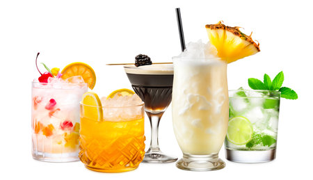 Set and collection of classic alcohol cocktails or mocktail isolated on white background with fresh summer fruits.の素材