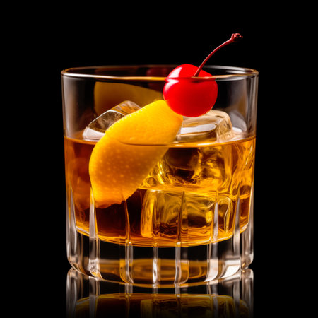 Classic Old Fashioned, expertly crafted with premium bourbon, aromatic bitters, and a hint of simple syrup presented in a crystal-cut rocks glass with maraschino cherry isolated on black backdropの素材