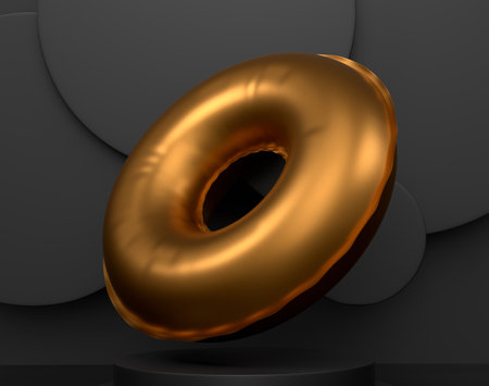 Inflatable ring for kids in swimming pool on cylinder podium with steps on monochrome background. 3d render of display product like beach accessories and summertime conceptの写真素材