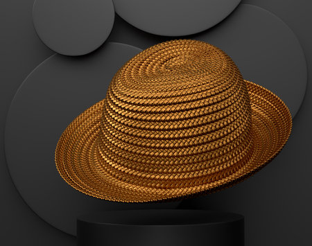 Vintage straw beach sun hat on cylinder podium with steps on monochrome background. 3d render of display product like beach accessories and summertime conceptの写真素材