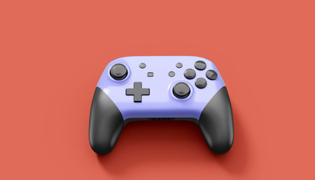 Realistic grey video game joysticks or gamepads on red background. 3D rendering of streaming gear...