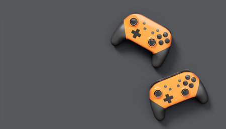 Realistic orange video game joysticks or gamepads on black background. 3D rendering of streaming...