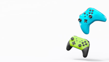 Realistic colorful video game joysticks or gamepads with color buttons on white background. 3D...