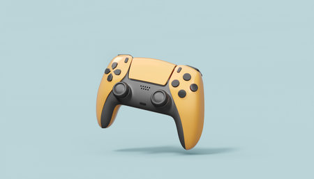 Realistic yellow video game joysticks or gamepads on grey background. 3D rendering of streaming gear for cloud gaming and gamer workspace conceptの写真素材