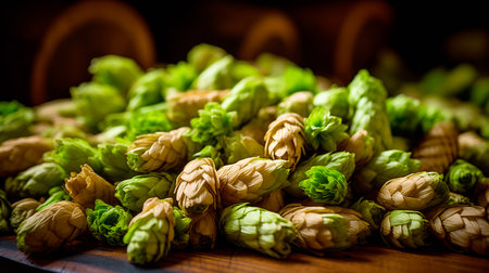 Macro closeup of green ripe hop cones on table. Branch of hop cones for making beer and bread.の素材