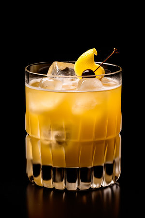 A classic Maple Whiskey Sour cocktail garnished with a lemon twist and maraschino cherry in a stylish rocks glass on black background