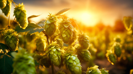 Macro closeup of green ripe hop cones on field with sunlight. Branch of hop cones for making beer and bread.の素材