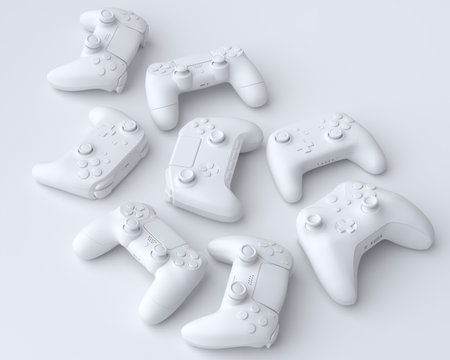 Set of lying gamer joysticks or gamepads on monochrome background with blur. 3d rendering of...