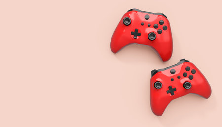 Realistic red azure video game joysticks or gamepads on pink background. 3D rendering of streaming gear for cloud gaming and gamer workspace conceptの写真素材