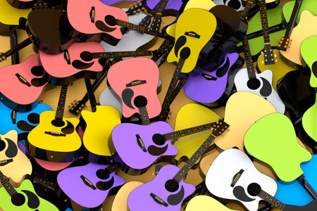 Heap of flying acoustic guitars isolated on white background. 3d render of concept for rock festival poster with spanish guitar for music shopの写真素材