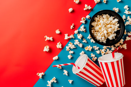 Cinema and theater concept. Paper cups and red stripped popcorn buckets on blue and pink background.の素材