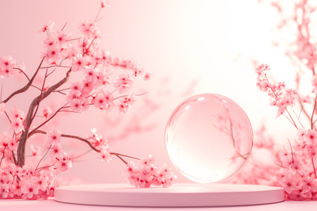 Futuristic design of podium for product demonstration in room adorned with beautiful pink flowers like cherry blossom flower blooming. Branch with sakura creating a vibrant and elegant aesthetic.の素材