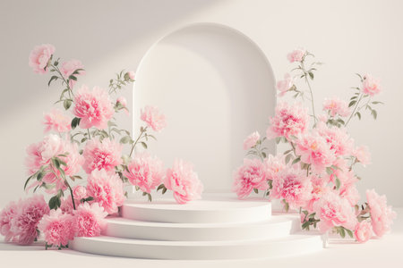 3d render, abstract minimal scene with geometrical forms, podiums, leaves, flowers on a pink background. Futuristic design of podium for product demonstration with Peonies, mock upの素材