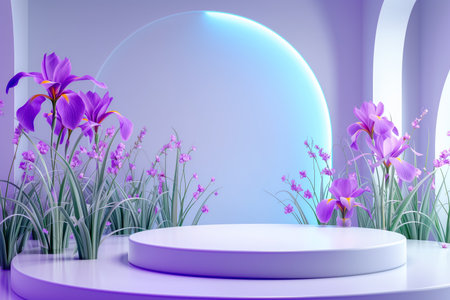 3d render, abstract minimal scene with geometrical forms, podiums, leaves, flowers on a purple background. Futuristic design of podium for product demonstration with Irises, mock upの素材