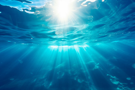 Underwater view of blue surface of ocean or sea. Abstract waves underwater and rays of sunlight shining through.の素材