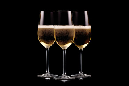 Set of crystal-clear flute glass of champagne isolated on black background, its golden bubbles dancing elegantly against the glass, exuding a sense of celebration and sophisticationの素材