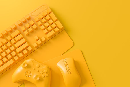 Neatly organized home office setup with tech gadgets like a wireless keyboard, gaming controllers,...