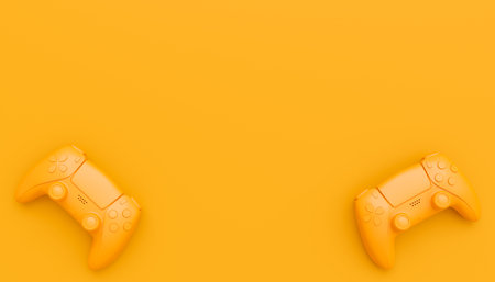 Video game joysticks or gamepads in plain monochrome yellow color background with copy space. 3D...