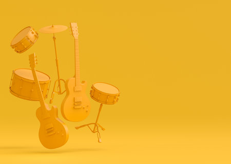 Set of electric acoustic guitars and drums with metal cymbals on monochrome background. 3d render of musical percussion instrument, drum machine and drumset with heavy metal guitar for rock festivalの写真素材