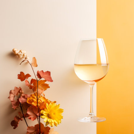 Glass of white wine and autumn leaves on stand near yellow wall with copy space on table creating elegant scene.の素材