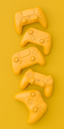 Set of lying gamer joysticks or gamepads on monochrome background. 3d render of accessories for live...