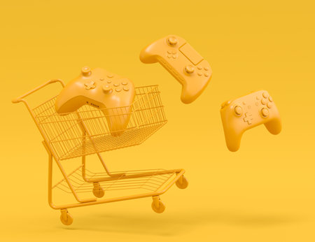 Set of lying gamer joysticks or gamepads on monochrome background. 3d render concept of sale,...
