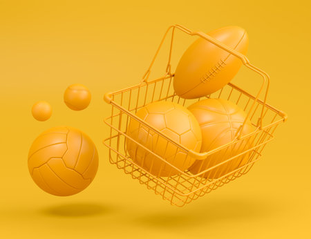 Set of ball like basketball, american football and golf in shopping basket on monochrome background. 3d rendering of sport accessories for team playing gamesの写真素材