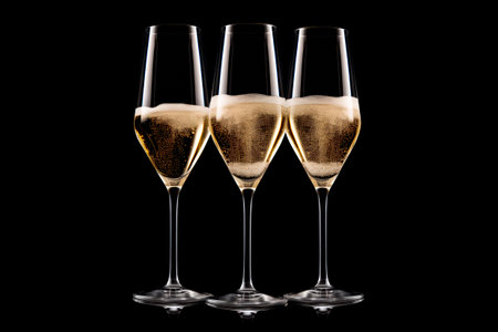 Set of crystal-clear flute glass of champagne isolated on black background, its golden bubbles dancing elegantly against the glass, exuding a sense of celebration and sophisticationの素材