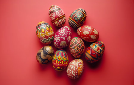 A row of colorful pastel Easter eggs, each uniquely painted with different texture on a red background. Spring holiday background of Happy Easter.の素材