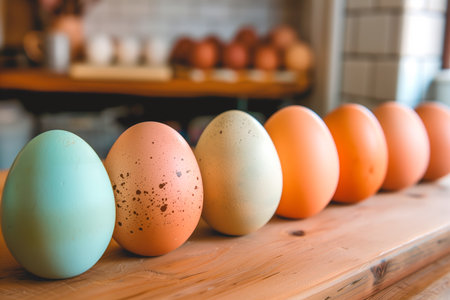 A row of colorful pastel Easter eggs, each uniquely painted with different texture on a white background. Spring holiday background of Happy Easter.の素材