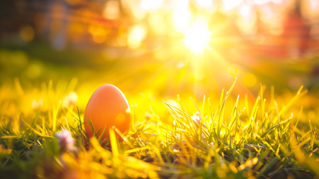 A cluster of eggs laying undisturbed in a bed of green grass, the sunlight casting a soft glow on their fragile shells. Spring holiday background of Happy Easter.の素材