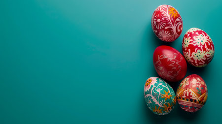 A row of colorful pastel Easter eggs, each uniquely painted with different texture on a green background. Spring holiday background of Happy Easter.の素材