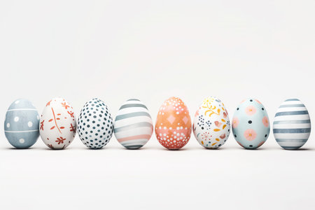 A row of colorful pastel Easter eggs, each uniquely painted with different texture on a white background. Spring holiday background of Happy Easter.の素材